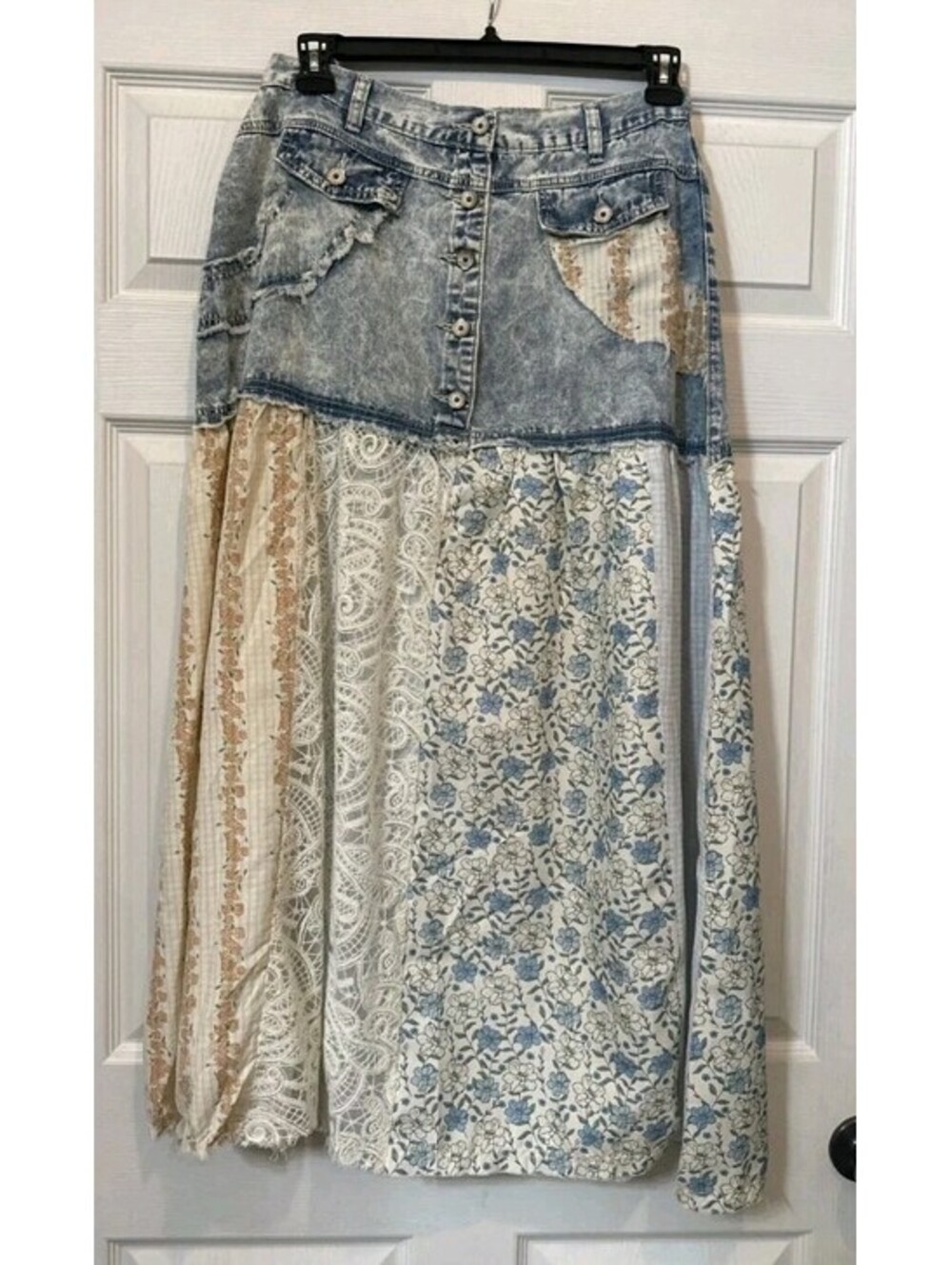 POL Day Dreamer Denim Patchwork Striped Mixed Material Maxi Sz M